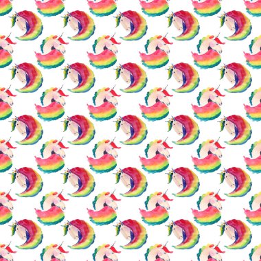 Tek boynuzlu at rainbow suluboya el çizim ile güzel güzel peri büyülü renkli desen. Tebrik ve doğum günü kartı, düğün, davet, tekstil tasarımı için mükemmel