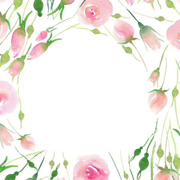 Hermosa delicada tierna lindo elegante floral colorido primavera verano rosa y rosas rojas con brotes y amarillo azul púrpura flores silvestres y hojas ramos patrón acuarela mano ilustración — Foto de Stock