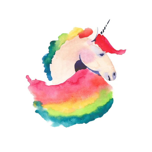Precioso unicornio colorido hada con la ilustración de la mano de la acuarela del arco iris. Perfecto para felicitación y tarjeta de cumpleaños, boda, invitación, diseño textil —  Fotos de Stock