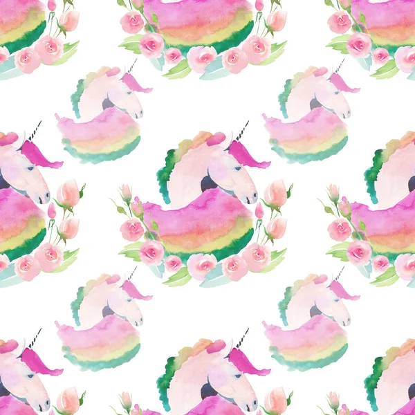 Tender gentle pastel lovely cute fairy magical pattern of unicorns with spring pastel cute beautiful flowers watercolor hand sketch — Stock Photo, Image