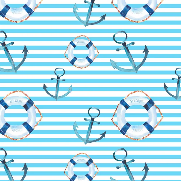 Sophisticated cute graphic lovely beautiful wonderful summer sea fresh marine cruise colorful lifebuoys and anchors on white blue stripes background pattern watercolor hand sketch — Stock Photo, Image