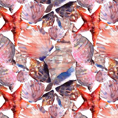 Parlak grafik güzel güzel harika yaz taze okyanus deniz plaj renkli deniz kabuklarını ve starfishes suluboya el illüstrasyon model. Tebrik kartı, tekstil tasarımı için mükemmel