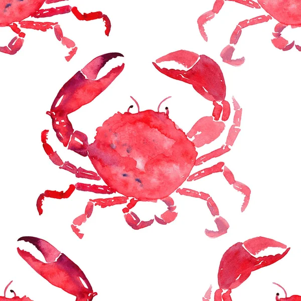Colorful bright beautiful lovely summer sea tasty delicious pattern of red crabs watercolor hand illustration. Perfect for restaurant menu, greetings card and textile — Stock Photo, Image