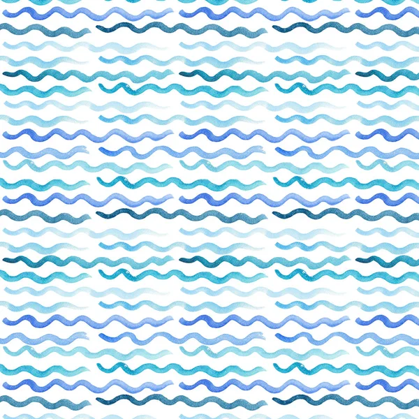 Abstrakte künstlerische hell niedlich anspruchsvolle wunderschöne elegante Grafik schöne blaue, marine, indigo, türkis, ultramarin horizontale Wellen Muster der Aquarell-Handskizze — Stockfoto