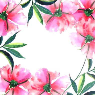 İhale nazik güzel parlak harika güzel şirin bahar çiçek bitkisel peonies yeşil yaprakları çerçeve suluboya el kroki ile. Kartı, düğün, davet, tekstil tasarımı için mükemmel