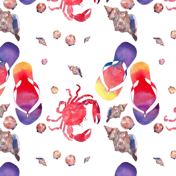 Colorful bright lovely comfort summer pattern of beach flip flops red crabs pastel cute seashells watercolor hand illustration — Stock Photo, Image
