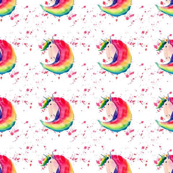 Piękne jasne bajki magiczne kolorowy wzór jednorożców z rainbow ilustracji dłoń akwarela czerwony spray — Zdjęcie stockowe