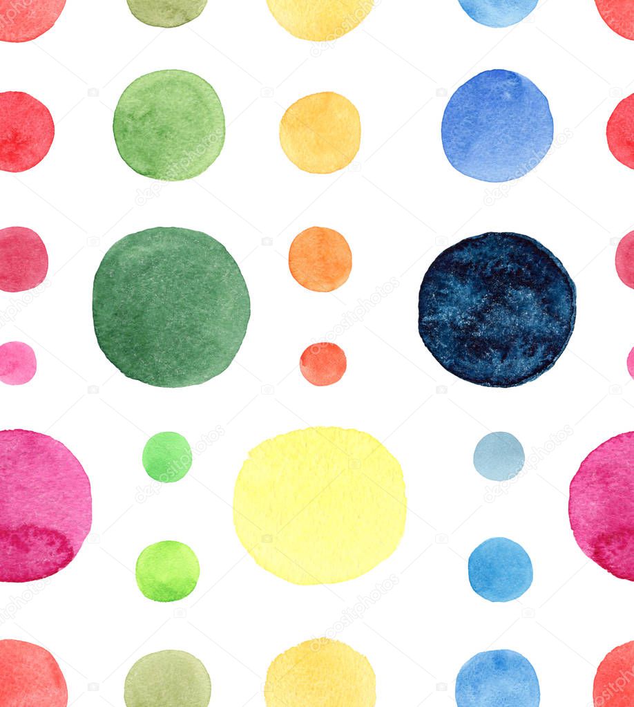 Abstract bright beautiful artistic wonderful bright blue, navy, turquoise, green, herbal, red, pink, yellow, orange circles pattern watercolor hand sketch. Perfect for textile design, wallpapers