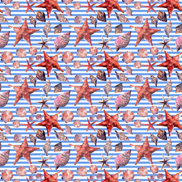 Bright cute graphic lovely beautiful wonderful summer fresh marine beach colorful seashells and starfishes on white blue stripes background pattern watercolor hand illustration. Perfect for greeting card, textile design — Stock Photo, Image