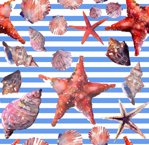 Bright cute graphic lovely beautiful wonderful summer fresh marine beach colorful seashells and starfishes on white blue stripes background pattern watercolor hand illustration. Perfect for greeting card, textile design — Stock Photo, Image