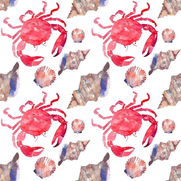 Kolorowe jasne piękne piękne lato morze smaczne pyszne wzór czerwony kraby i przetargu pastelowych muszle dłoń akwarela ilustracja. Idealna na menu restauracji, z życzeniami i włókienniczych — Zdjęcie stockowe