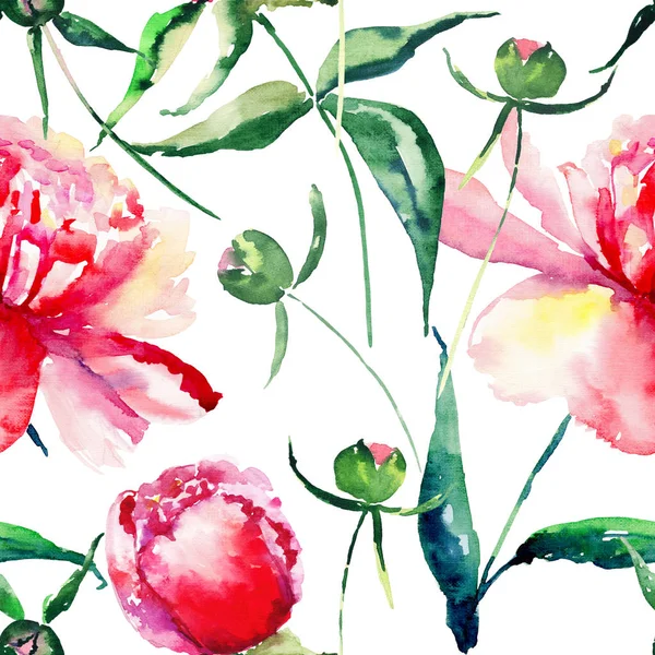 Όμορφη λεπτή διαγωνισμού χαριτωμένο lovely floral πολύχρωμη άνοιξη καλοκαίρι ροζ, κόκκινο, πορτοκαλί peonies με πράσινα φύλλα και μπουμπούκια μοτίβο ακουαρέλα χέρι σκίτσο — Φωτογραφία Αρχείου