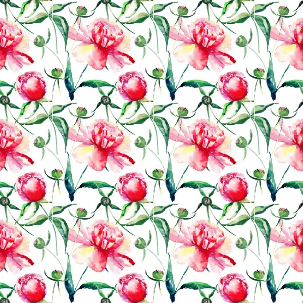 Όμορφη λεπτή διαγωνισμού χαριτωμένο lovely floral πολύχρωμη άνοιξη καλοκαίρι ροζ, κόκκινο, πορτοκαλί peonies με πράσινα φύλλα και μπουμπούκια μοτίβο ακουαρέλα χέρι σκίτσο — Φωτογραφία Αρχείου