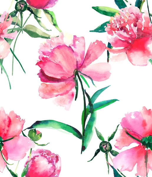 Heldere schattig tedere mooie mooie prachtige lente bloemen kruiden roze pioen met groene verlaat en toppen van aquarel hand illustratie. Perfect voor wenskaart, textielontwerp — Stockfoto