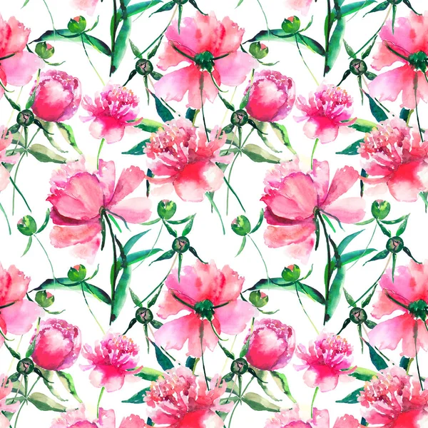 Lumineux mignon tendre belle belle magnifique printemps floral pivoine rose avec des feuilles vertes et bourgeons aquarelle illustration à la main. Parfait pour carte de vœux, design textile — Photo