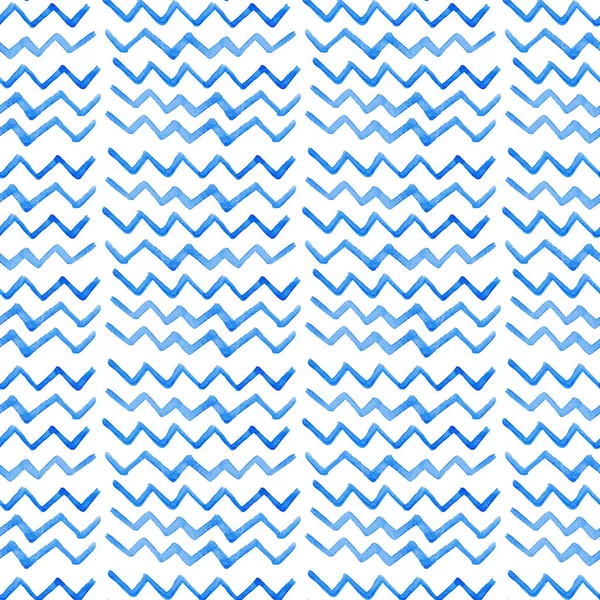 Abstrait sophistiqué magnifique graphique élégant beau bleu, marine, indigo, turquoise, outremer lignes brisées motif zigzag aquarelle illustration à la main. Peindre comme un enfant, parfait pour le textile — Photo