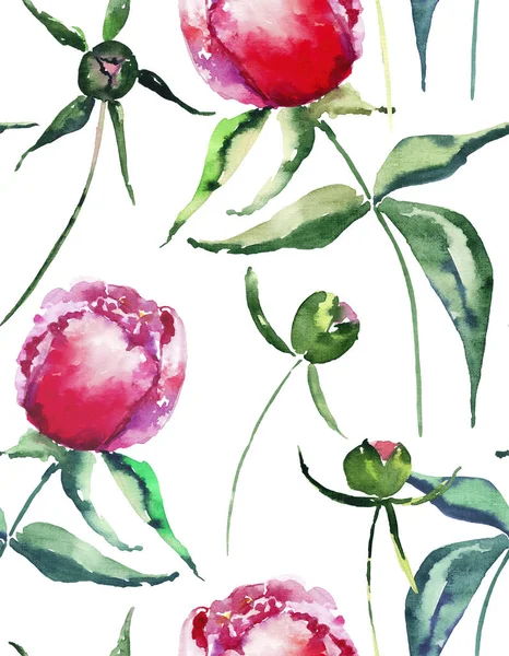 Piękny przetargu delikatny Znakomity piękny Ładna wiosna kwiatowy ziołowe piwonie z zielonych liści wzór akwarela ręcznie szkic. Idealny do karty okolicznościowe i urodziny, wesele, zaproszenia, projektowanie tkanin — Zdjęcie stockowe