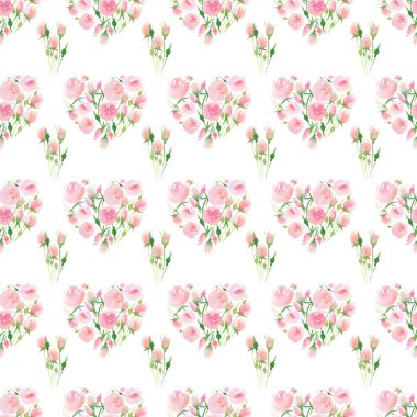 Bir kalp suluboya el illüstrasyon yeşil yaprak desenli ihale hassas şirin zarif güzel çiçek renkli bahar yaz kırmızı ve pembe gül gibi