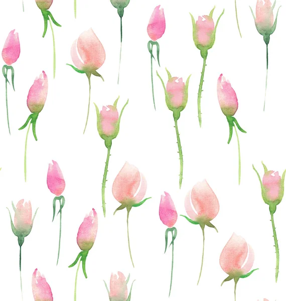 Vackra fina anbud söt eleganta härlig blommig färgglada våren sommaren rosa och röda rosor med knoppar och blad bukett akvarell hand illustration — Stockfoto