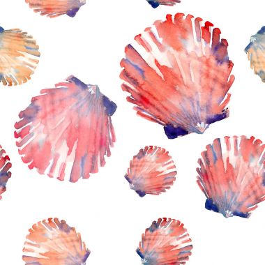 Parlak sevimli grafik güzel güzel harika yaz taze deniz plaj renkli deniz kabuklarını ve starfishes suluboya el illüstrasyon model. Tebrik kartı, tekstil tasarımı için mükemmel
