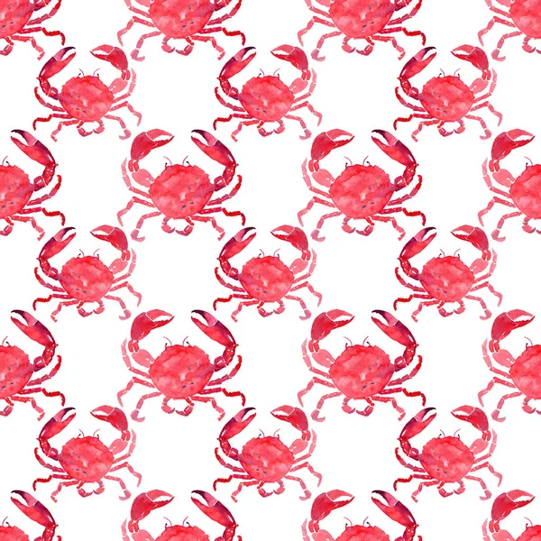 Colorido brilhante lindo lindo verão mar saboroso delicioso padrão de caranguejos vermelhos ilustração mão aquarela. Perfeito para menu de restaurante, cartão de saudações e têxtil — Fotografia de Stock