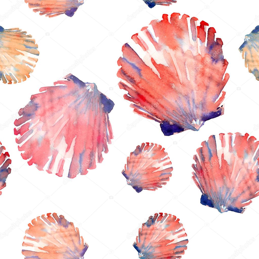 Bright cute graphic lovely beautiful wonderful summer fresh marine beach colorful seashells and starfishes pattern watercolor hand illustration. Perfect for greeting card, textile design