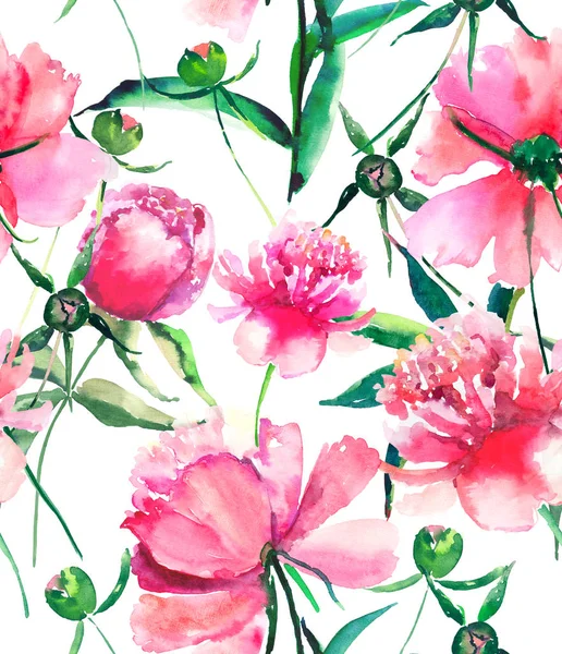 Brillante lindo tierno hermoso hermoso maravilloso primavera floral hierba rosa peonía con hojas verdes y brotes acuarela mano ilustración. Perfecto para tarjetas de felicitación, diseño textil — Foto de Stock