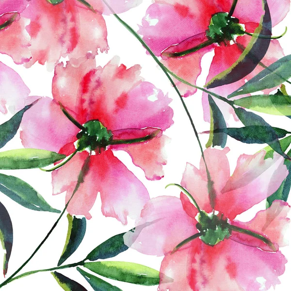 Luminoso carino tenera bella meravigliosa primavera floreale a base di erbe peonia rosa con foglie verdi e boccioli acquerello mano illustrazione. Perfetto per biglietto di auguri, design tessile — Foto Stock