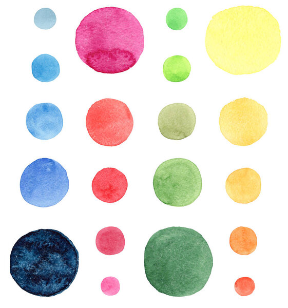 Abstract bright beautiful artistic wonderful bright blue, navy, turquoise, green, herbal, red, pink, yellow, orange circles pattern watercolor hand sketch. Perfect for textile design, wallpapers