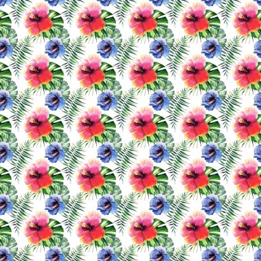 Güzel parlak güzel harika yeşil tropikal hawaii çiçek bitkisel yaz renkli desen tropikal hibiscus çiçek ve yaprak suluboya el illüstrasyon palms