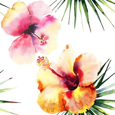 Parlak güzel ihale sofistike güzel tropikal hawaii çiçek yaz bir tropik hafif pembe ve sarı ebegümeci ve desen yeşil palmiye suluboya el illüstrasyon bırakır. Tekstil için mükemmel