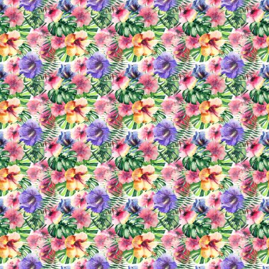 Güzel parlak güzel renkli tropikal hawaii çiçek bitkisel yaz desen tropikal hibiscus çiçek ve yaprak suluboya el kroki palms