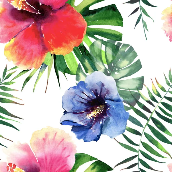Hermoso brillante hermoso maravilloso verde tropical hawaii floral a base de hierbas verano colorido patrón de flores tropicales hibisco y palmeras hojas acuarela mano ilustración — Foto de Stock