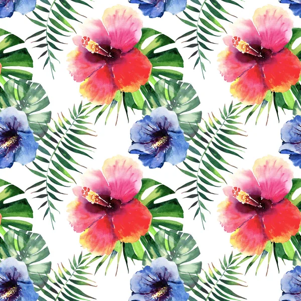 Beautiful bright lovely wonderful green tropical hawaii floral herbal summer colorful pattern of tropical flowers hibiscus and palms leaves watercolor hand illustration — Stock Photo, Image