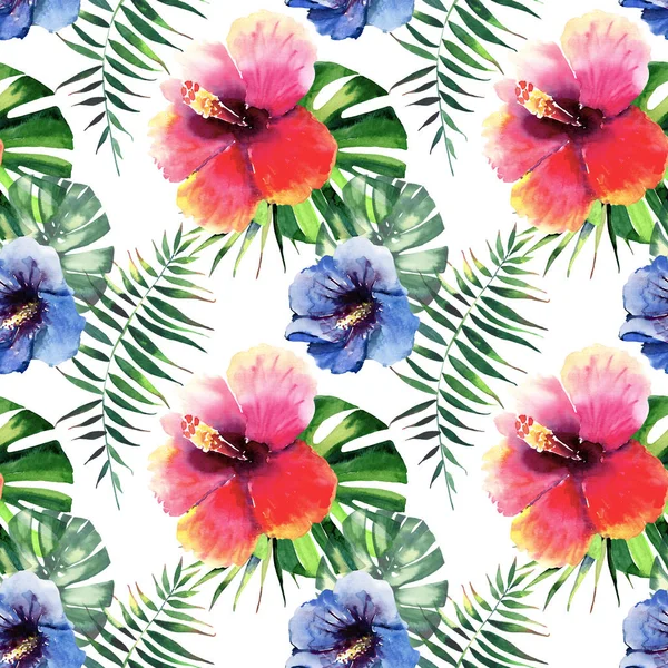 Mooie heldere mooie prachtige groene tropische hawaii floral kruiden zomer kleurrijke patroon van tropische hibiscus bloemen en palmen bladeren aquarel hand illustratie — Stockfoto