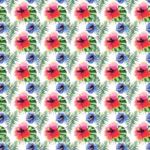 Belle belle belle magnifique vert tropical hawaii floral à base de plantes motif coloré d'été de fleurs tropicales hibiscus et palmiers feuilles aquarelle illustration à la main — Photo