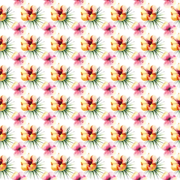 Heldere mooie tedere verfijnde mooie tropische hawaii floral zomer patroon van een tropic licht roze en gele hibiscus en groene palm laat aquarel hand illustratie. Perfect voor textiel — Stockfoto