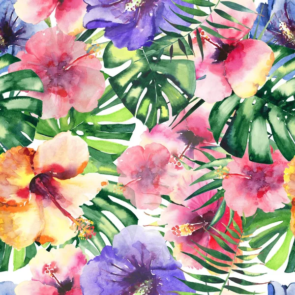 Vackra ljusa härliga färgglada tropiska hawaii blommig växtbaserade sommaren mönster av tropiska blommor hibiscus och palms bladen akvarell hand skiss — Stockfoto