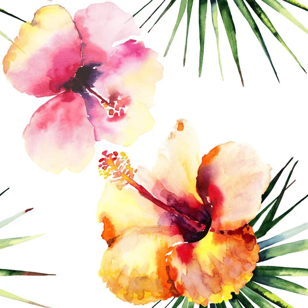 Ljusa vackra anbud sofistikerade härliga tropiska hawaii blommig sommar mönster av en tropic ljus rosa och gula hibiscus och gröna palm lämnar akvarell hand illustration. Perfekt för textil — Stockfoto