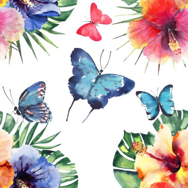 Güzel şirin sofistike muhteşem harika ihale nazik bahar renkli tropikal hibiscus, palmiye yaprakları ve parlak tropikal kelebekler desen suluboya el çizimi