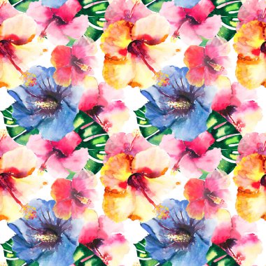 Güzel parlak güzel renkli tropikal hawaii çiçek bitkisel yaz desen tropikal hibiscus çiçek ve yaprak suluboya el kroki palms