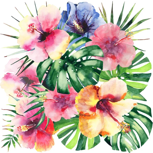 Çiçek bitkisel yaz renkli bileşimi tropik çiçekler kırmızı, mavi, sarı, pembe ve yeşil avuç içi suluboya yaprakları güzel parlak güzel harika tropik hawaii el kroki