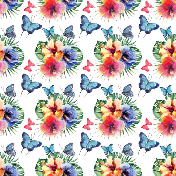Όμορφη χαριτωμένο εξελιγμένα μαγευτική θαυμάσια τρυφερό ήπια άνοιξη πολύχρωμο τροπικό hibiscus, φύλλα φοίνικα και φωτεινά τροπικές πεταλούδες μοτίβο ακουαρέλα χέρι εικονογράφηση — Φωτογραφία Αρχείου