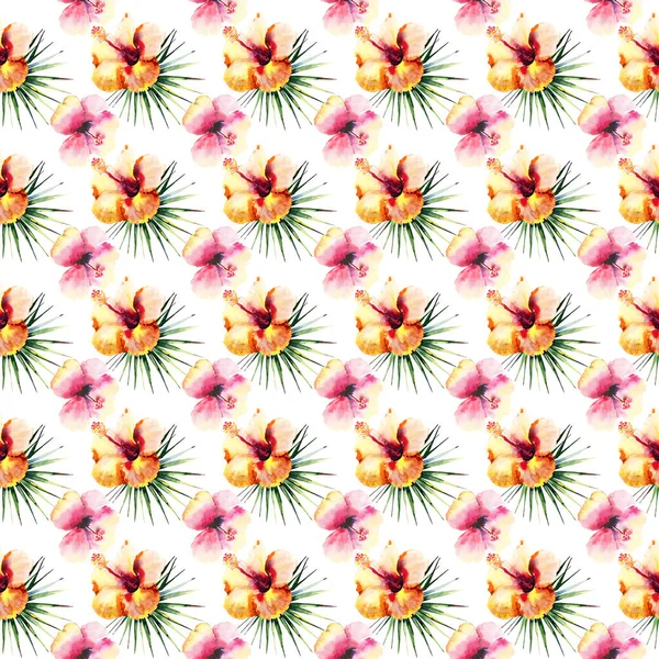 밝은 아름 다운 부드러운 정교한 아름 다운 열 대 하와이 꽃 여름 패턴 트로픽 빛 분홍색과 노란색 히 비 스커 스와 녹색 손바닥의 수채화 손 그림 나뭇잎. 섬유에 대 한 완벽 한 — 스톡 사진