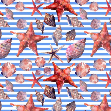 Parlak sevimli grafik güzel güzel harika yaz taze deniz plaj renkli deniz kabuklarını ve starfishes üzerinde beyaz mavi çizgili desen suluboya el resimde arka plan. Tebrik kartı, tekstil tasarımı için mükemmel