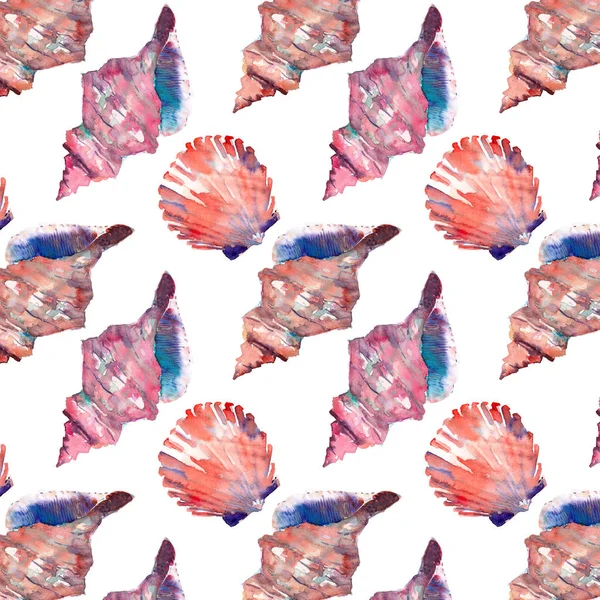 Parlak sevimli grafik güzel güzel harika yaz taze deniz plaj renkli deniz kabuklarını ve starfishes suluboya el illüstrasyon model. Tebrik kartı, tekstil tasarımı için mükemmel