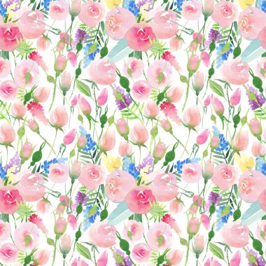 İhale hassas şirin zarif güzel renkli bahar yaz kır çiçekleri kırmızı, mavi, mor ve sarı ve yeşil pembe gül yaprakları desen suluboya el çizim çiçek