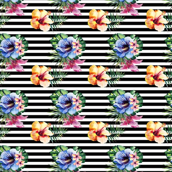 可爱可爱美丽精彩明亮热带夏威夷花卉草药夏季热带花卉芙蓉兰花和棕榈树树叶图案上黑线条背景水彩手图 — 图库照片
