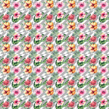 Güzel parlak güzel soyut tropikal hawaii çiçek bitkisel yaz desen tropikal hibiscus orkide çiçekler ve avuç içi yaprakları gri çapraz çizgiler arka plan suluboya el kroki üzerinde renkli