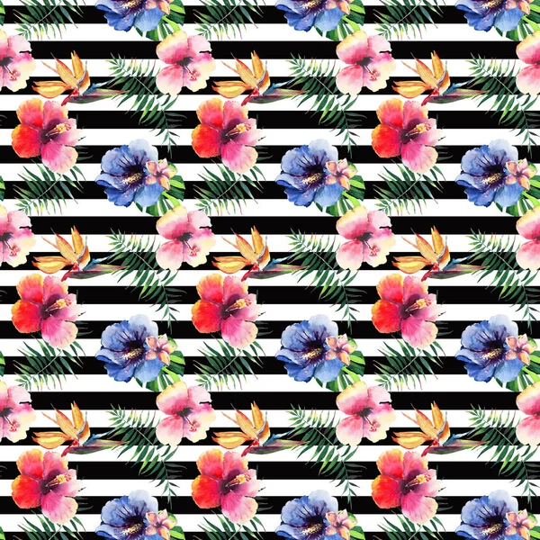 Güzel parlak güzel renkli tropikal hawaii çiçek bitkisel yaz desen tropikal hibiscus orkide çiçekler ve avuç içi siyah yatay çizgiler arka plan suluboya el çizimi üzerinde bırakır — Stok fotoğraf